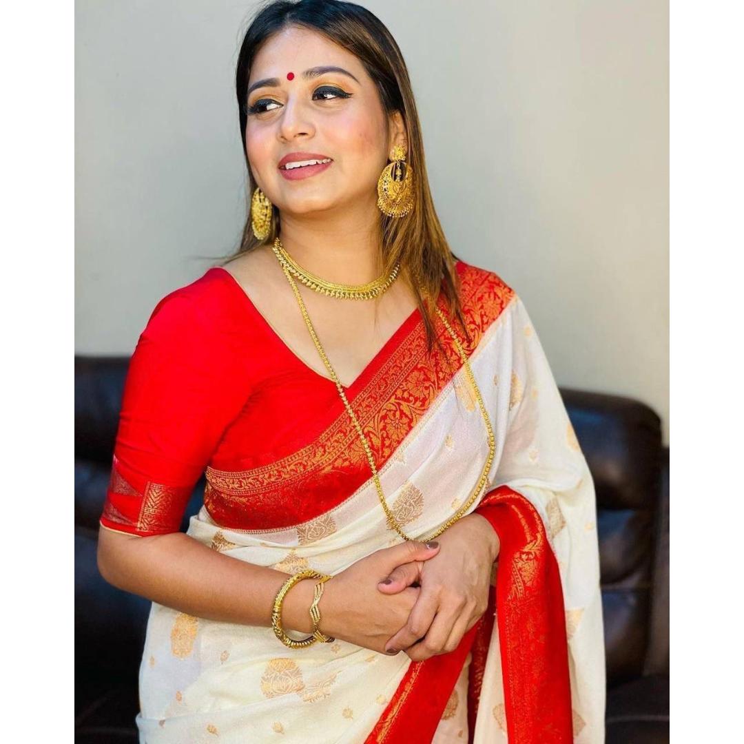 White And Red Soft Litchi Silk Saree