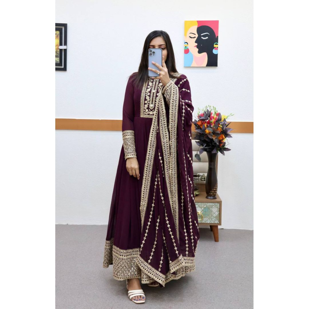 Purple Embroidery Worked Designer Long Kurti With Dupatta
