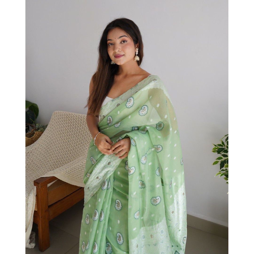 NEW LIGHT GREEN LAKHANAVI WEAVING WORK WITH BADLA ZARI *