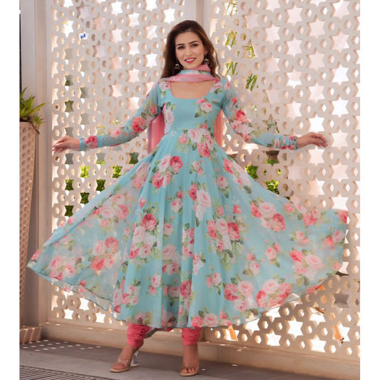 Iceberg Blue And Pink Floral Printed Georgette Kurtis