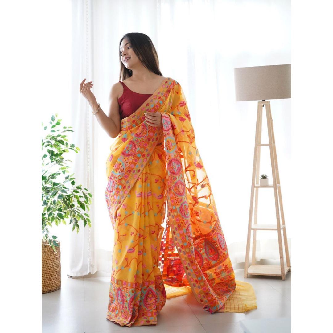 KASHMIRI WEAVING YELLOW COLOR THRADE WEAVING PURE ZARI WEAVING SAREE