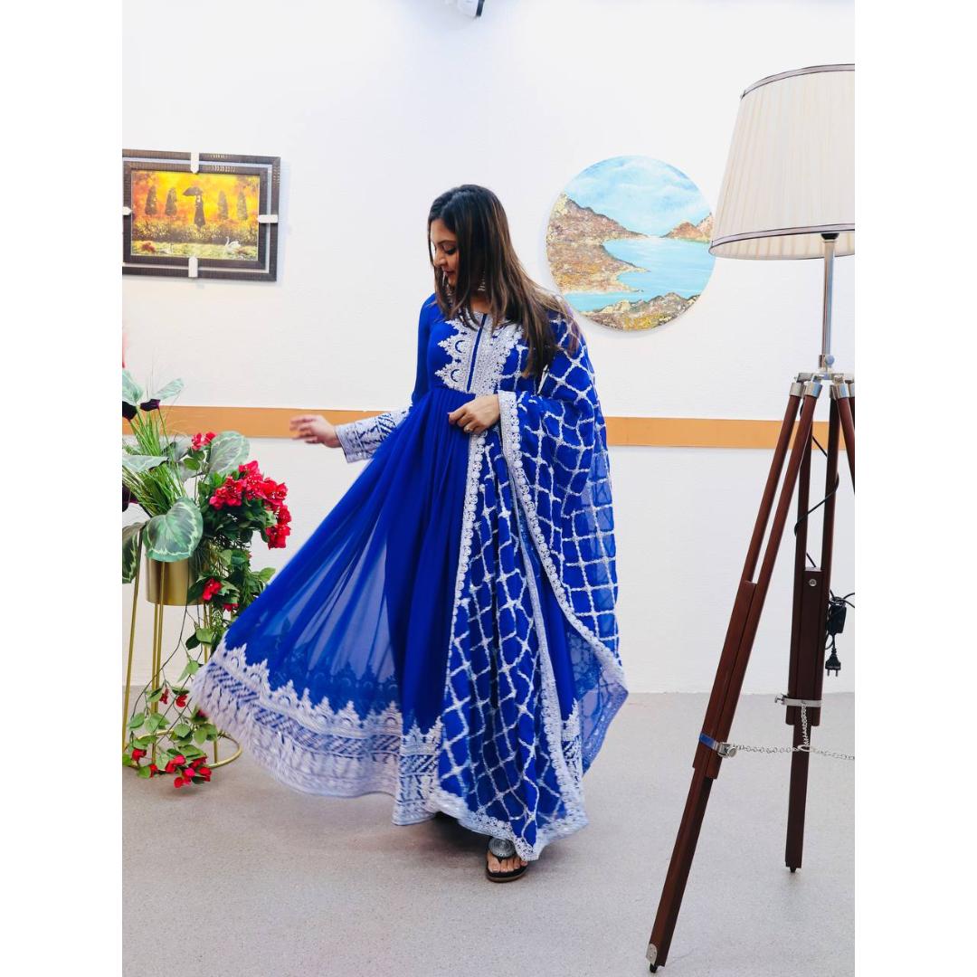 Royal Blue Embroidery Designer Anarkali Set