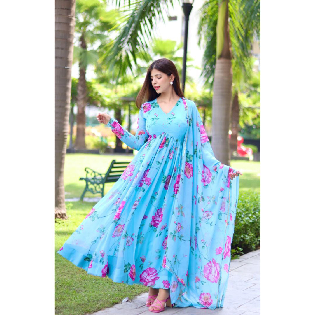 Latest Sky Blue And Pink Flower Printed Designer Kurtis