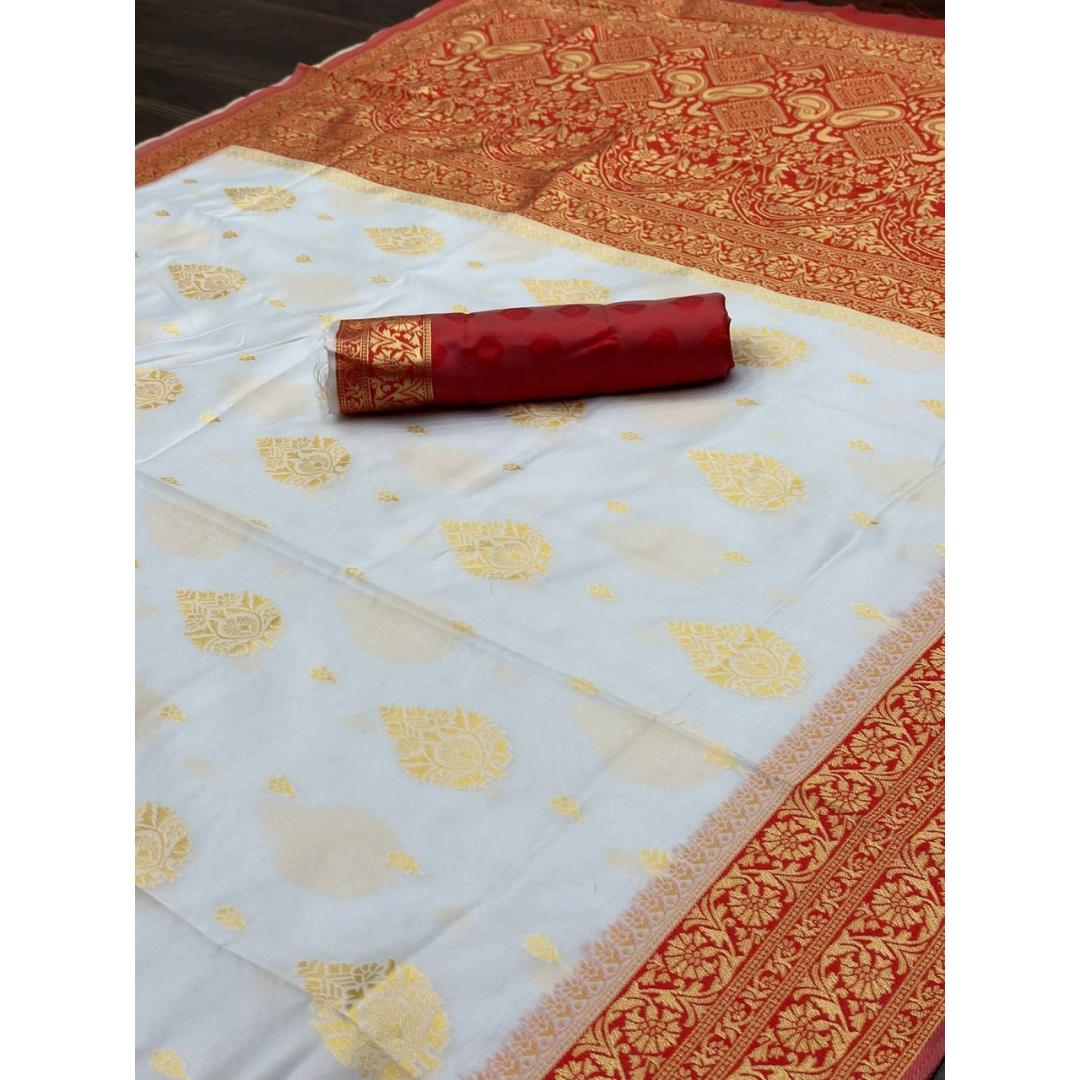 White And Red Soft Litchi Silk Saree