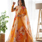 Orange Flower Printed Organza Long Designer Kurtis