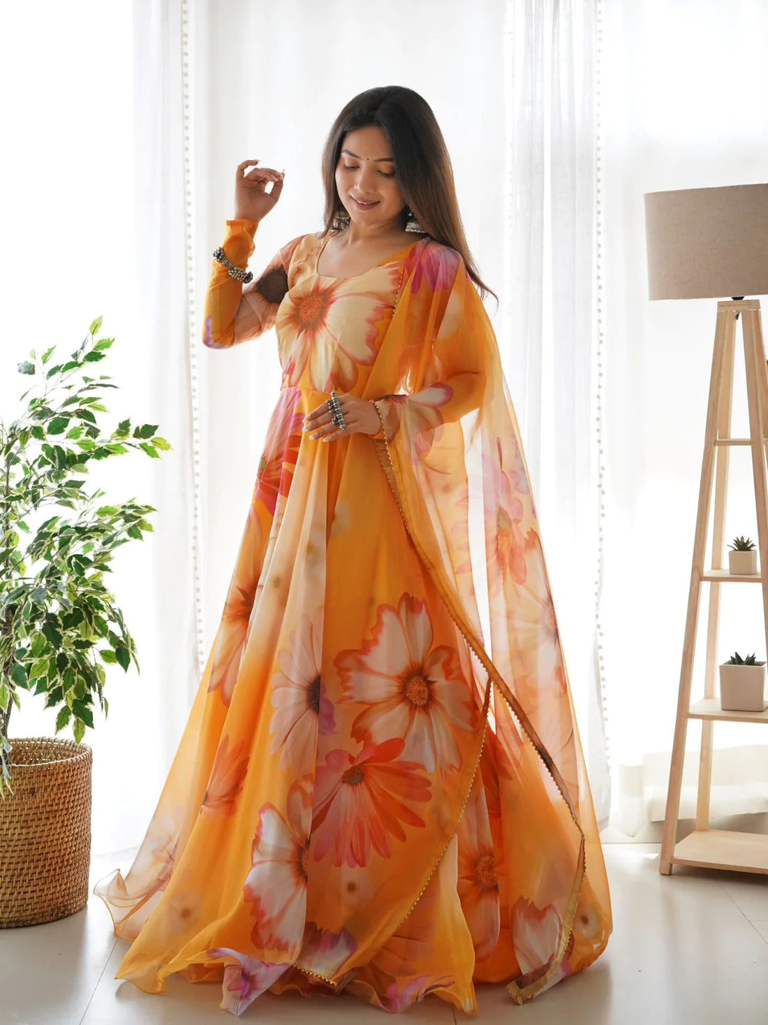 Orange Flower Printed Organza Long Designer Kurtis