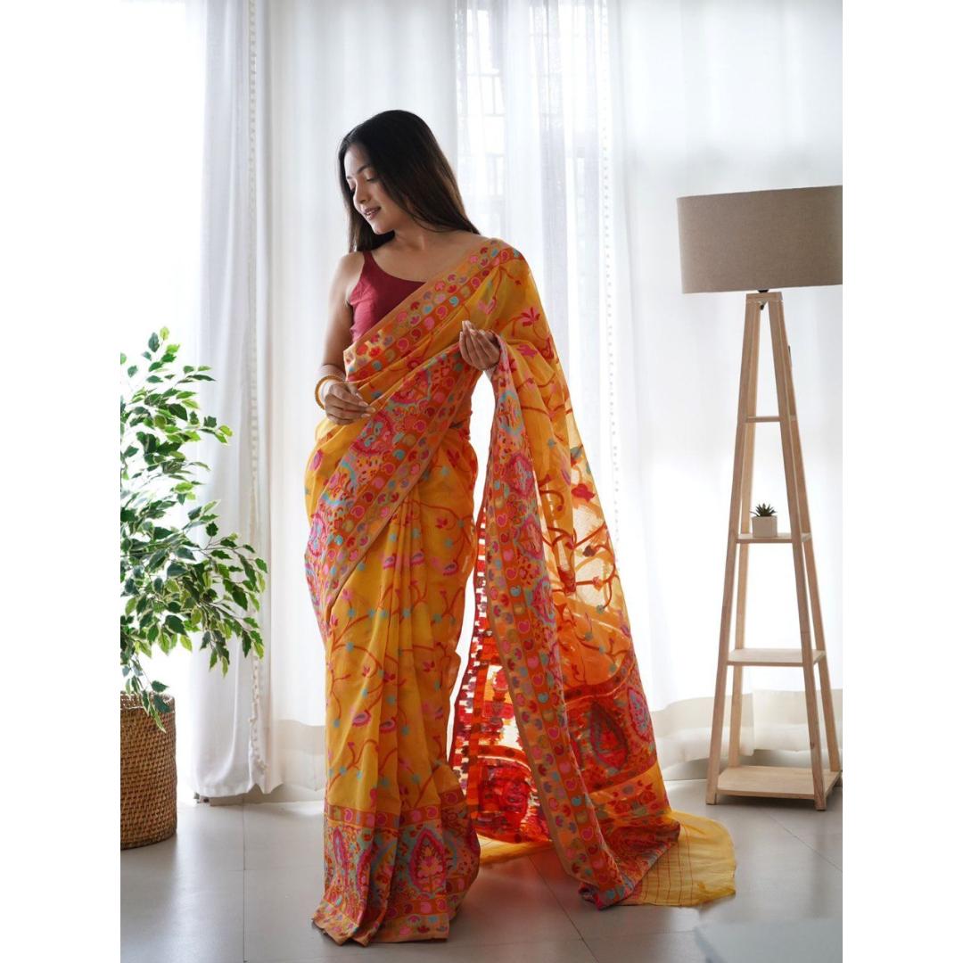 KASHMIRI WEAVING YELLOW COLOR THRADE WEAVING PURE ZARI WEAVING SAREE