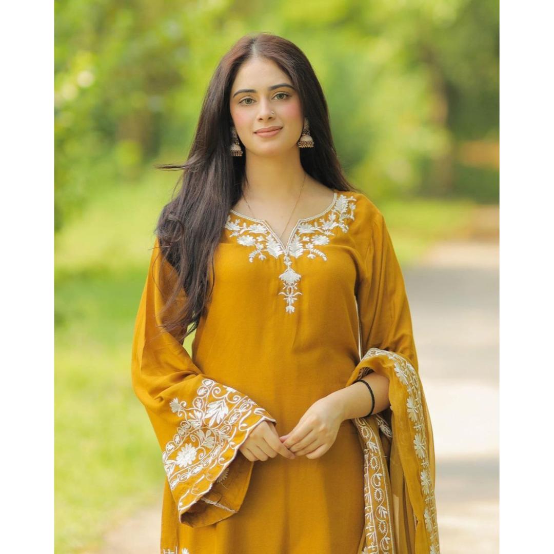Mustard Embroidery Designer Salwar Suit Set