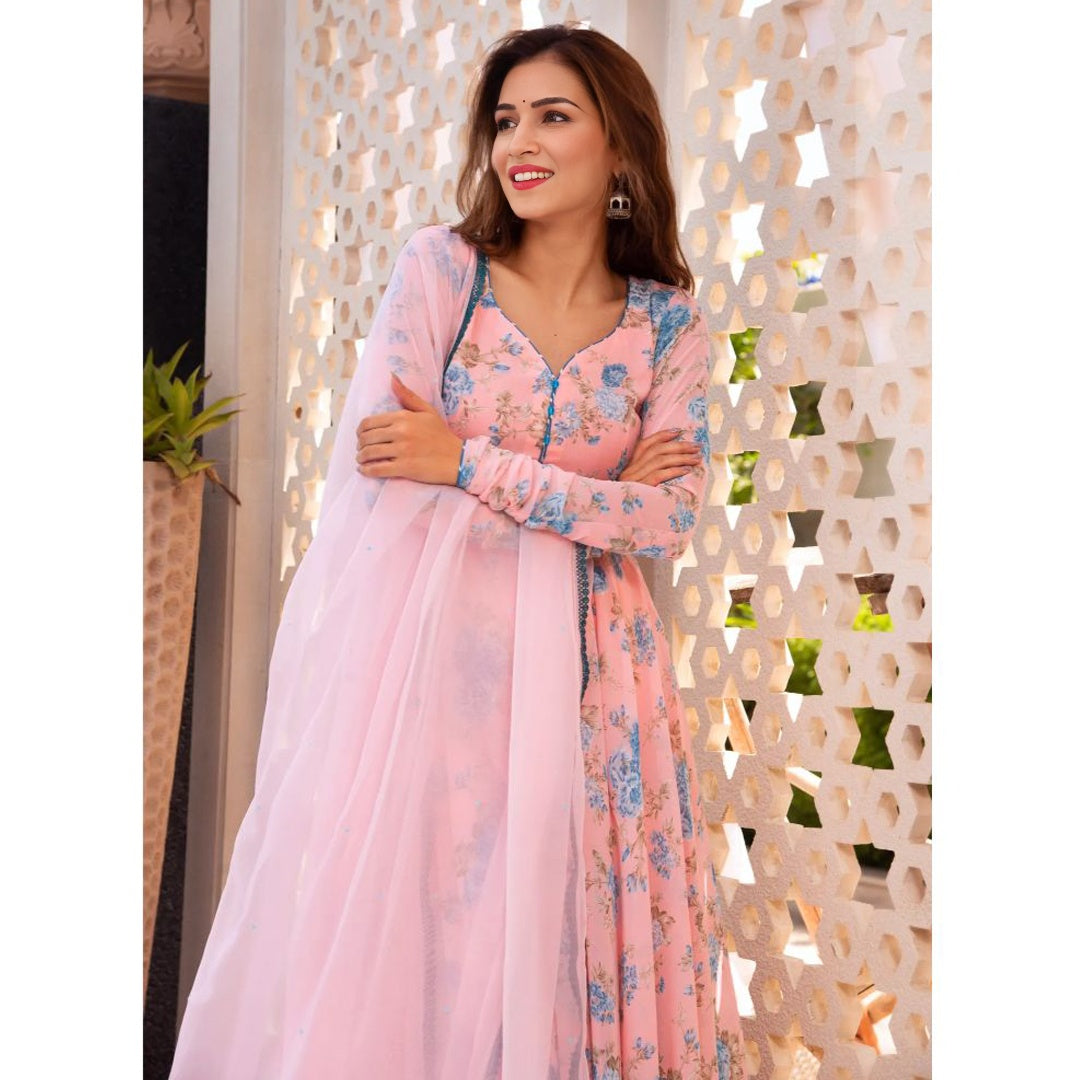 Buy Pink & White Rose Bel Lucknowi Chikankari Casual Georgette Kurti Online  at Kiko Clothing