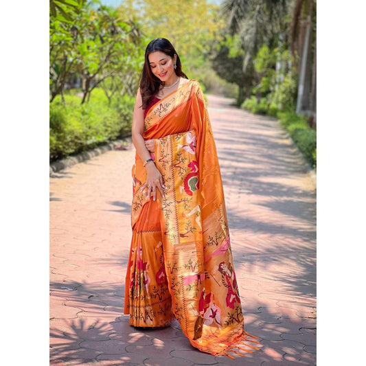 Orange Pure Kanchivram Paithani All Over Zari Weaving Silk Saree