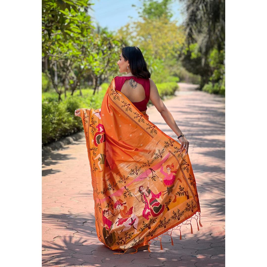 Orange Pure Kanchivram Paithani All Over Zari Weaving Silk Saree