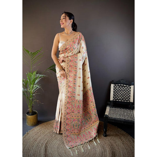 Light Cream Pure Kashmiri Butti Pattern Pallu Woven Silk Saree