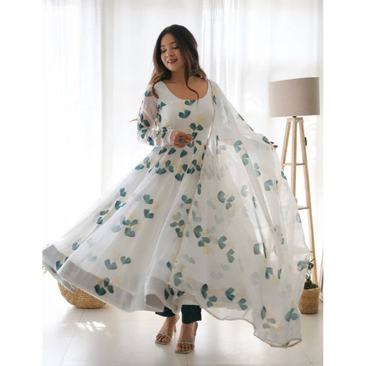 White And Green Printed Organza Designer Long Kurti With Dupatta