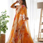 Orange Flower Printed Organza Long Designer Kurtis