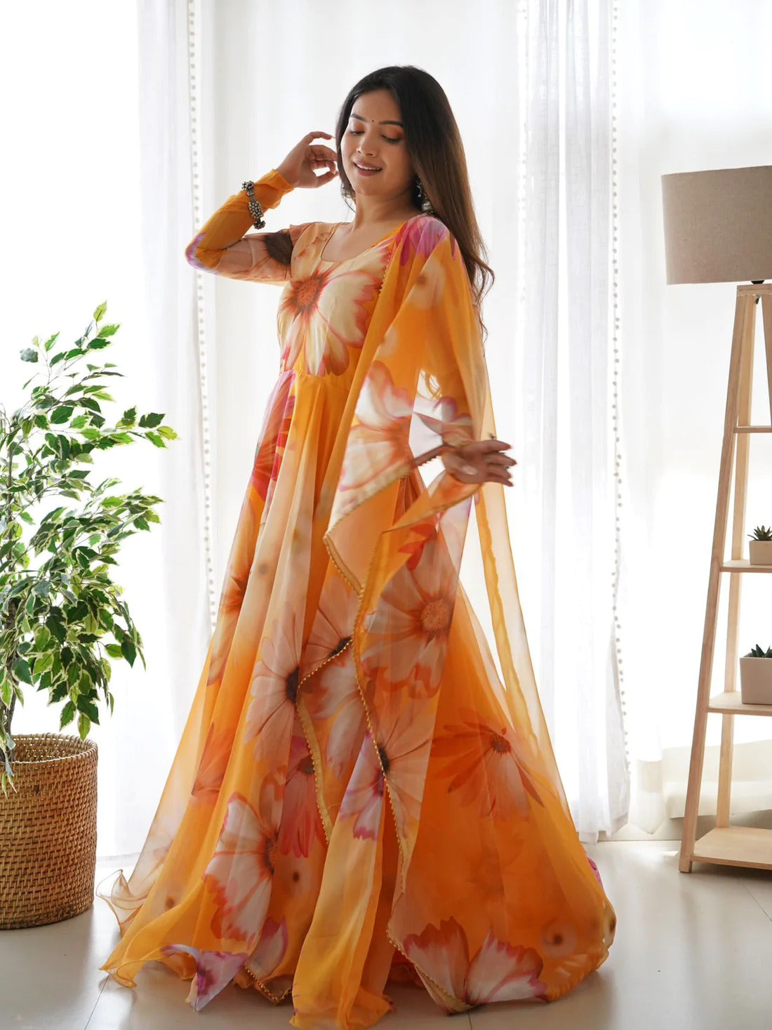 Orange Flower Printed Organza Long Designer Kurtis