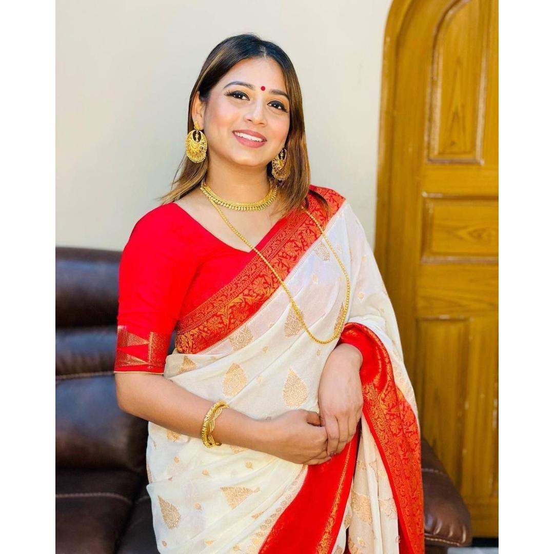 White And Red Soft Litchi Silk Saree