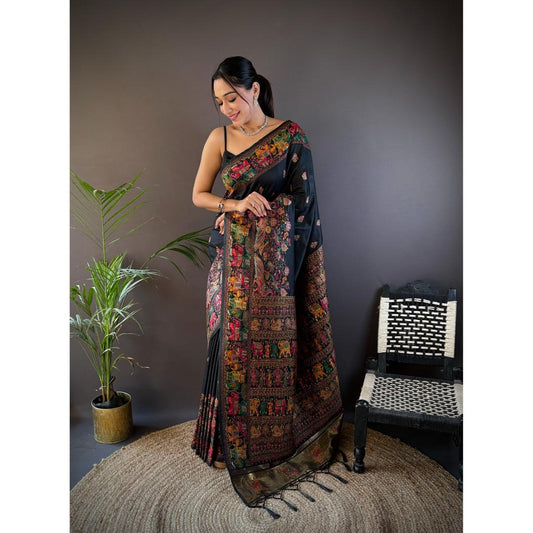 Black Pure Kashmiri Elephant Pattern Pallu Woven Silk Saree