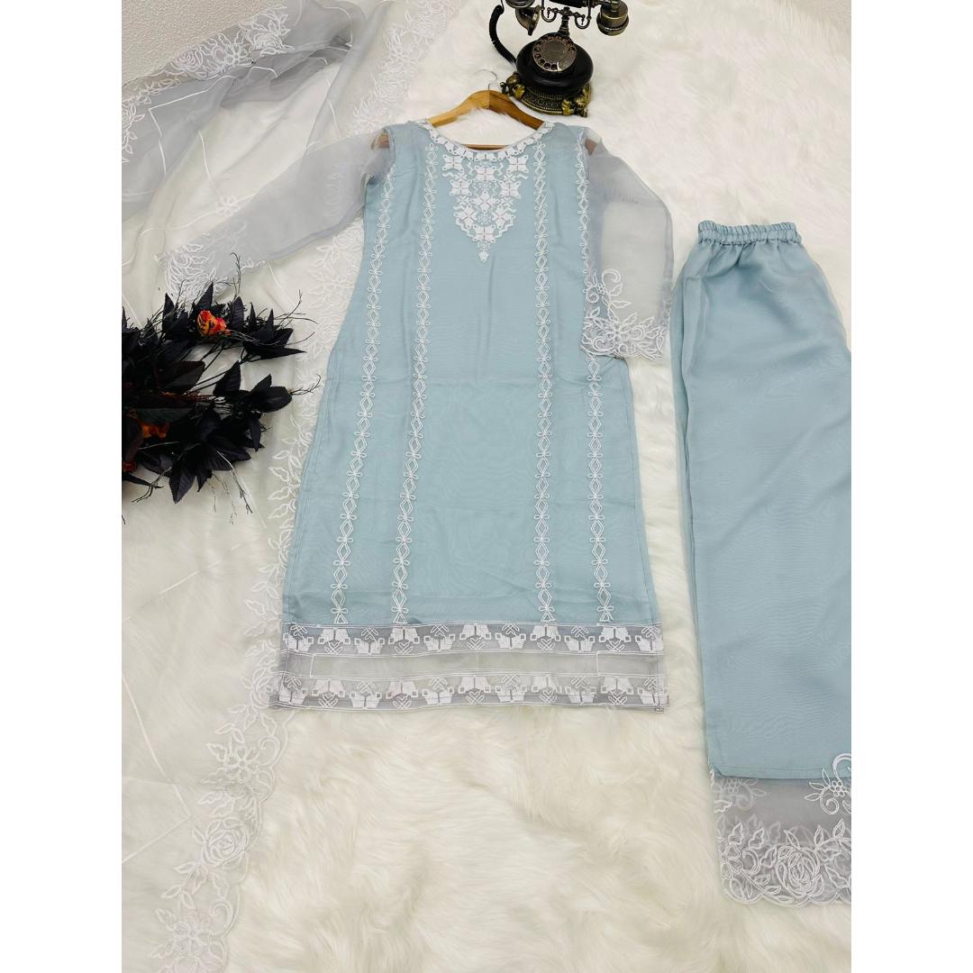 Sky Blue And White Designer Kurti Set