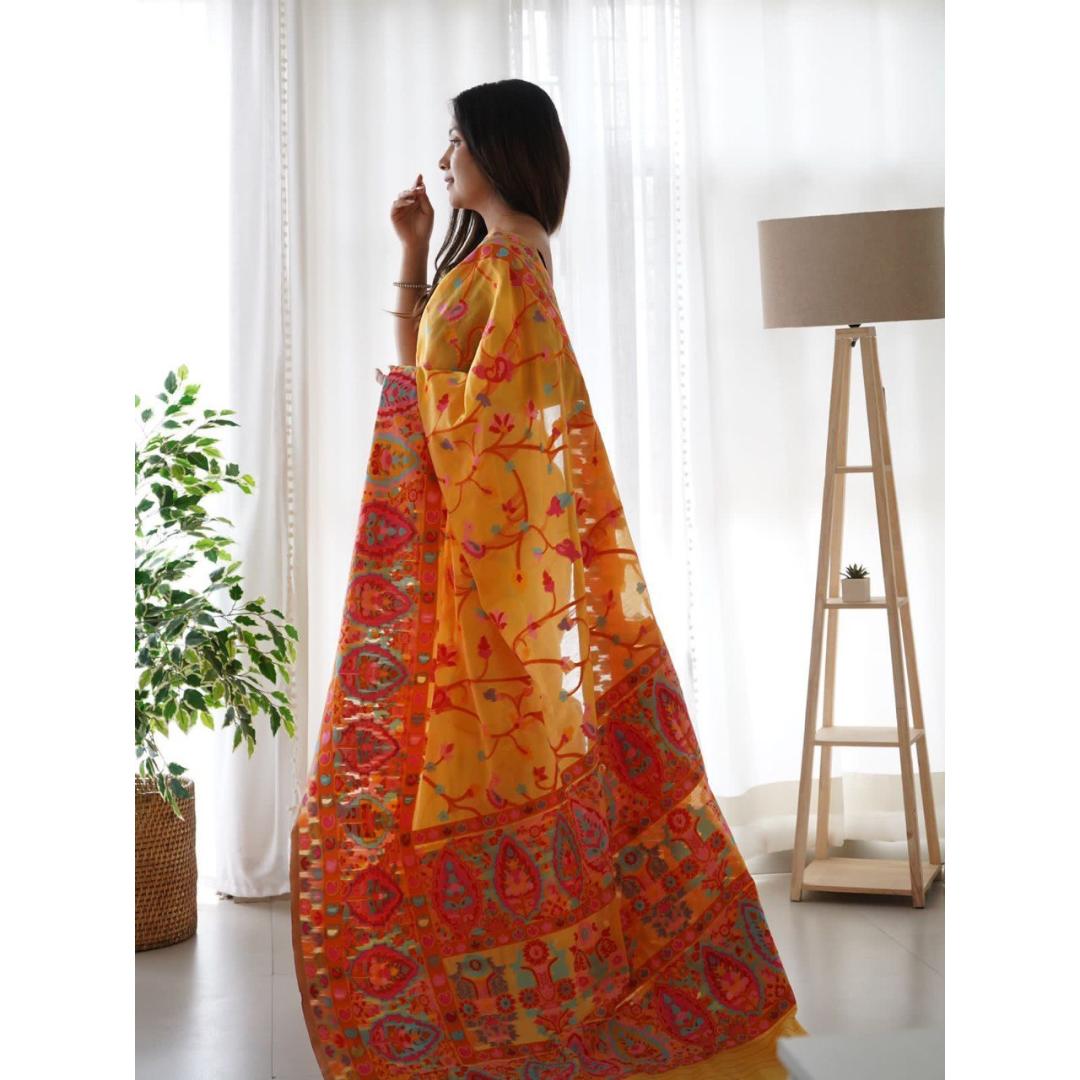 KASHMIRI WEAVING YELLOW COLOR THRADE WEAVING PURE ZARI WEAVING SAREE