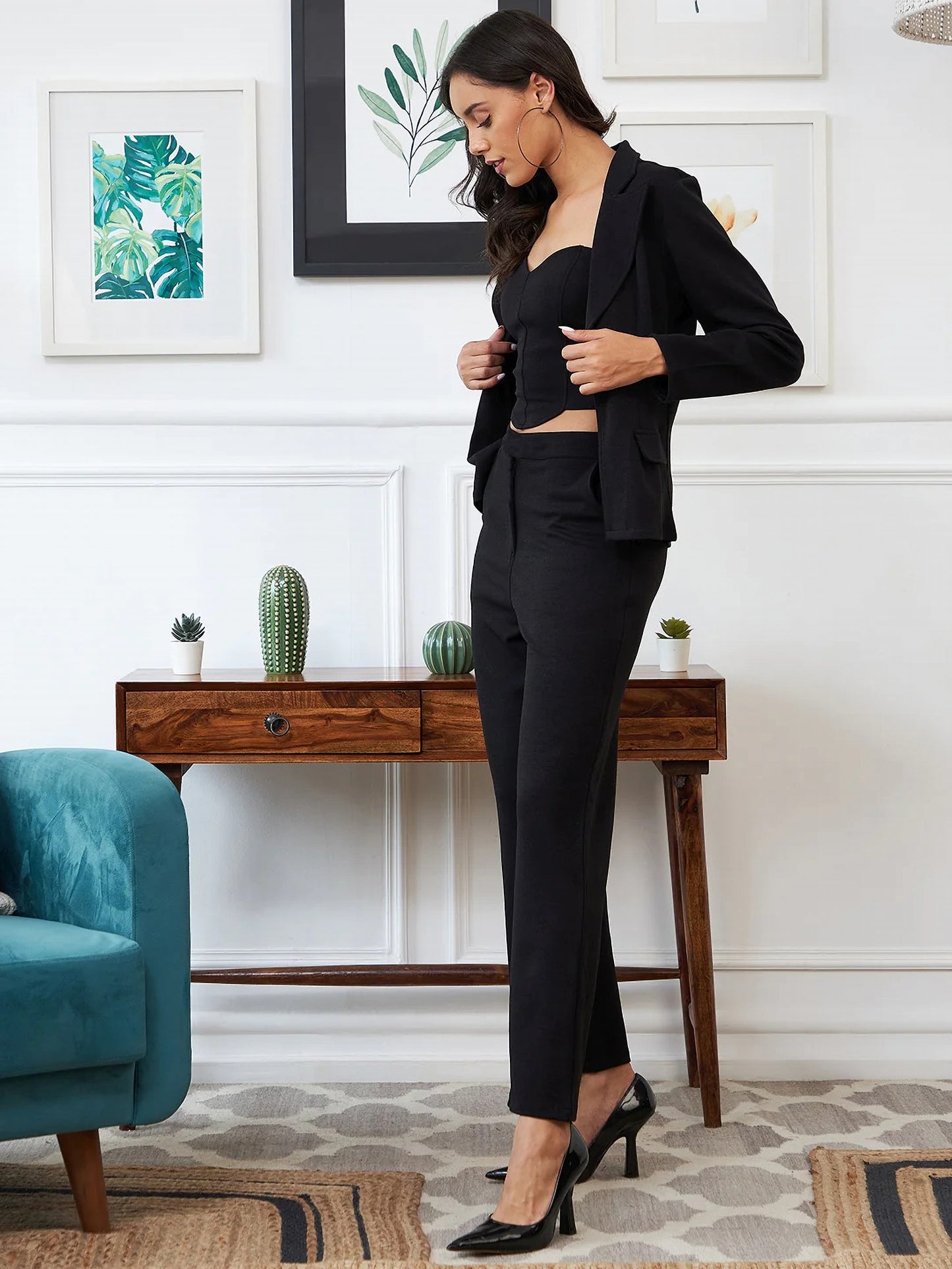 Black Lycra Solid Three Piece Outfits Blazer Co-Ord Set
