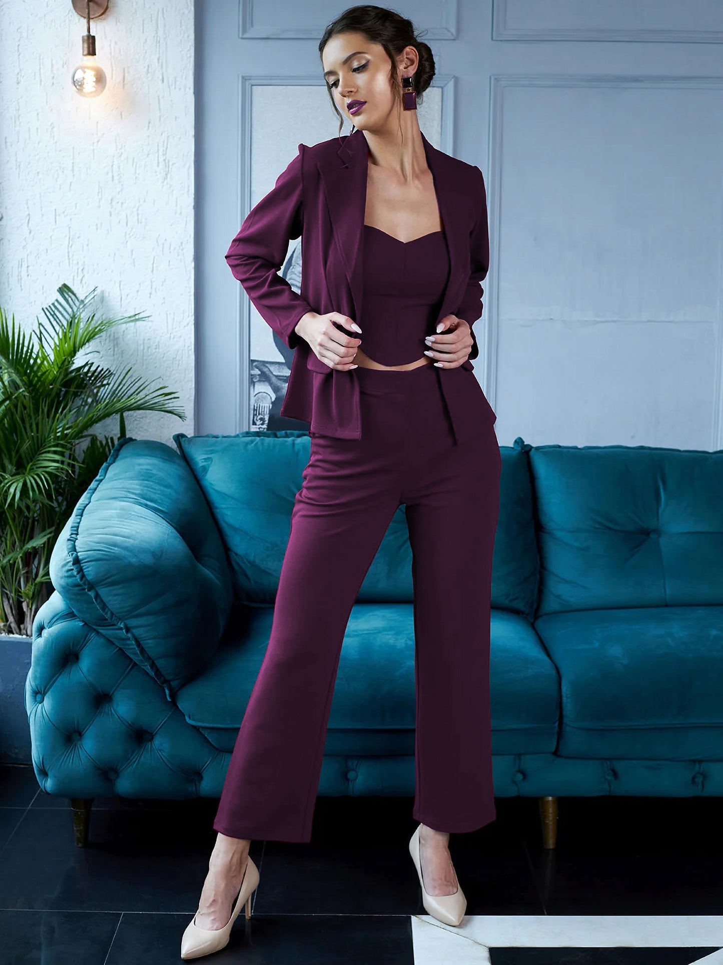 Purple Lycra Solid Three Piece Outfits Blazer Co-Ord Set