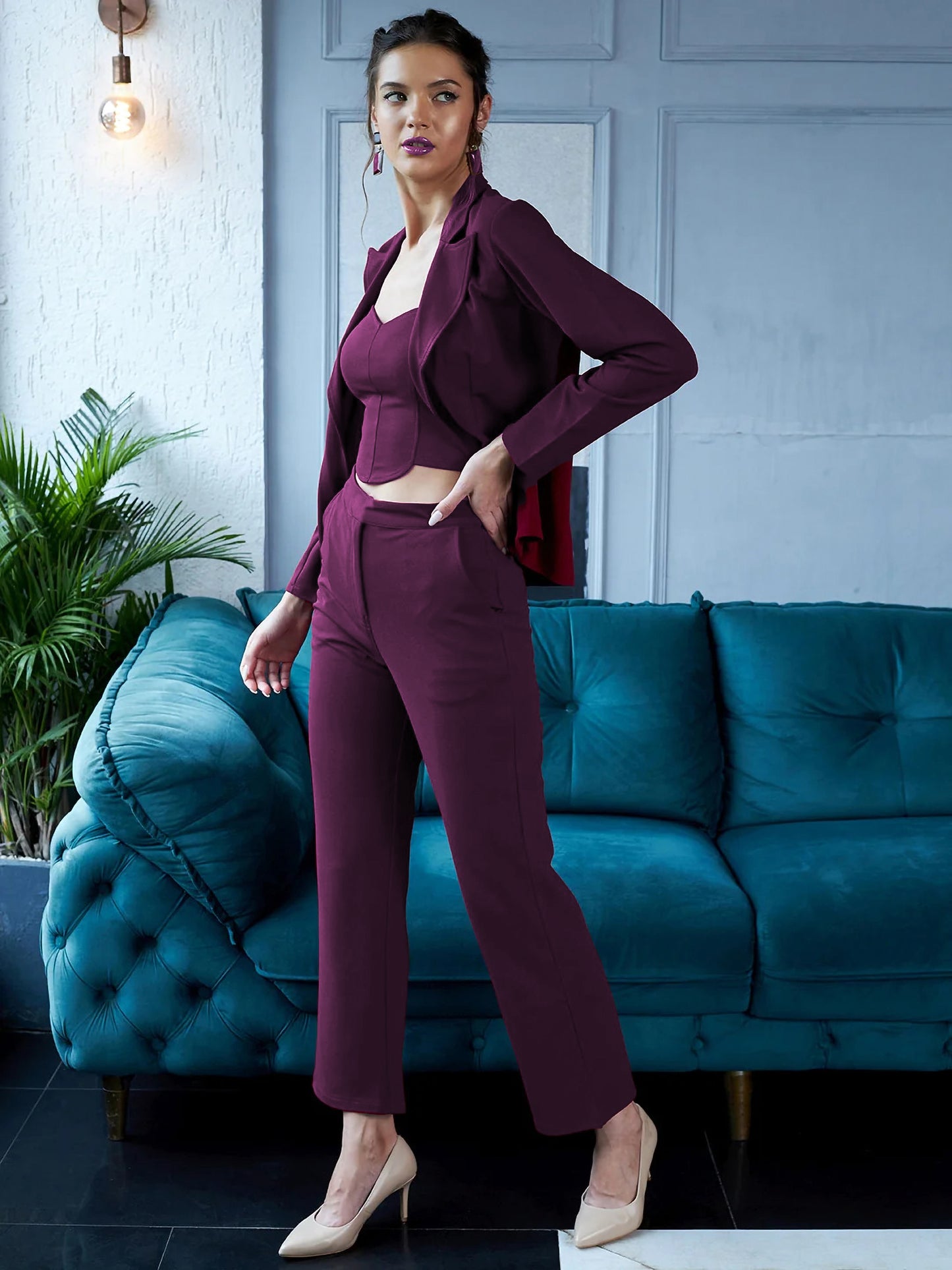 Purple Lycra Solid Three Piece Outfits Blazer Co-Ord Set