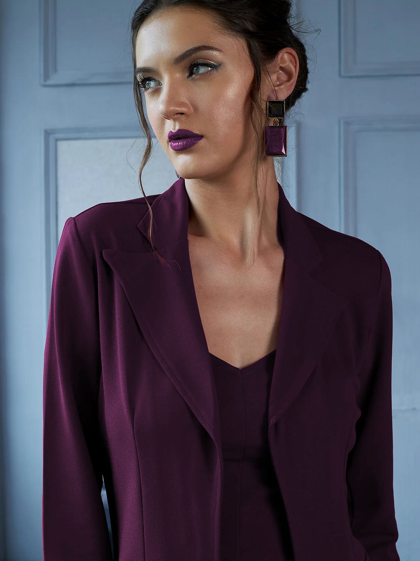 Purple Lycra Solid Three Piece Outfits Blazer Co-Ord Set