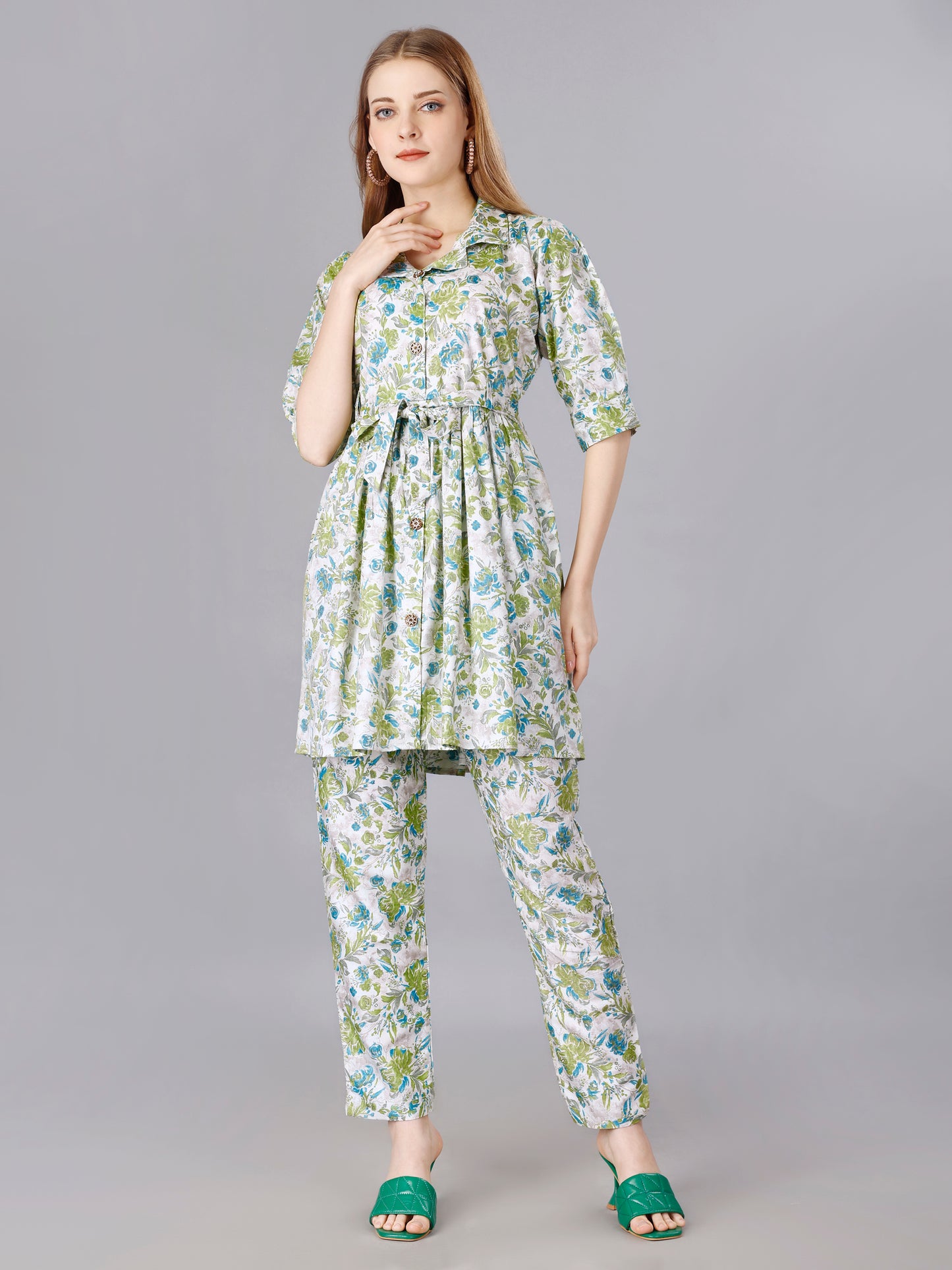 Green Cotton Print Top With Trouser Co-Ord Set