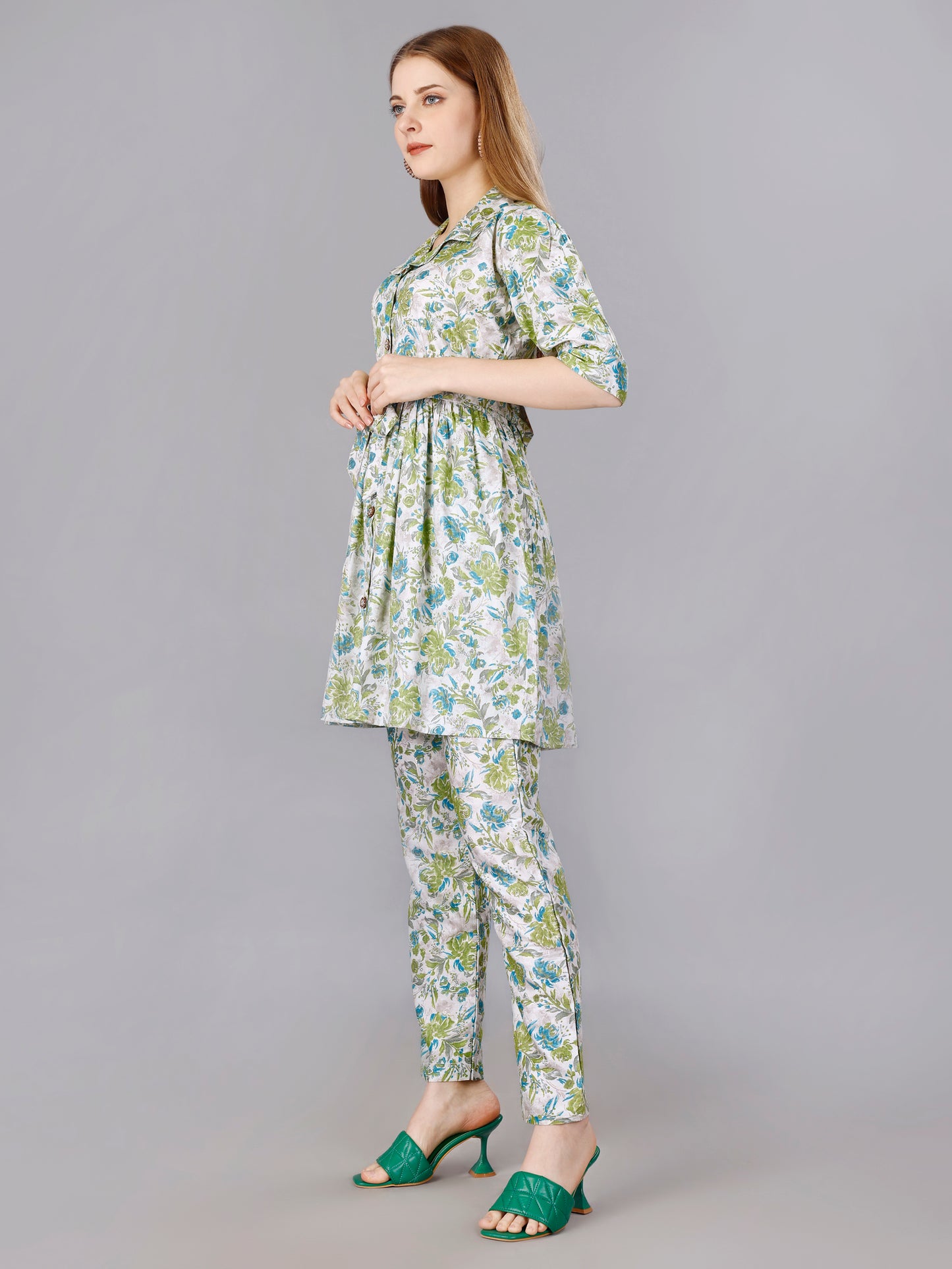 Green Cotton Print Top With Trouser Co-Ord Set