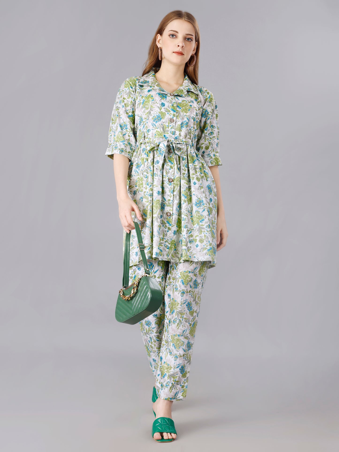 Green Cotton Print Top With Trouser Co-Ord Set