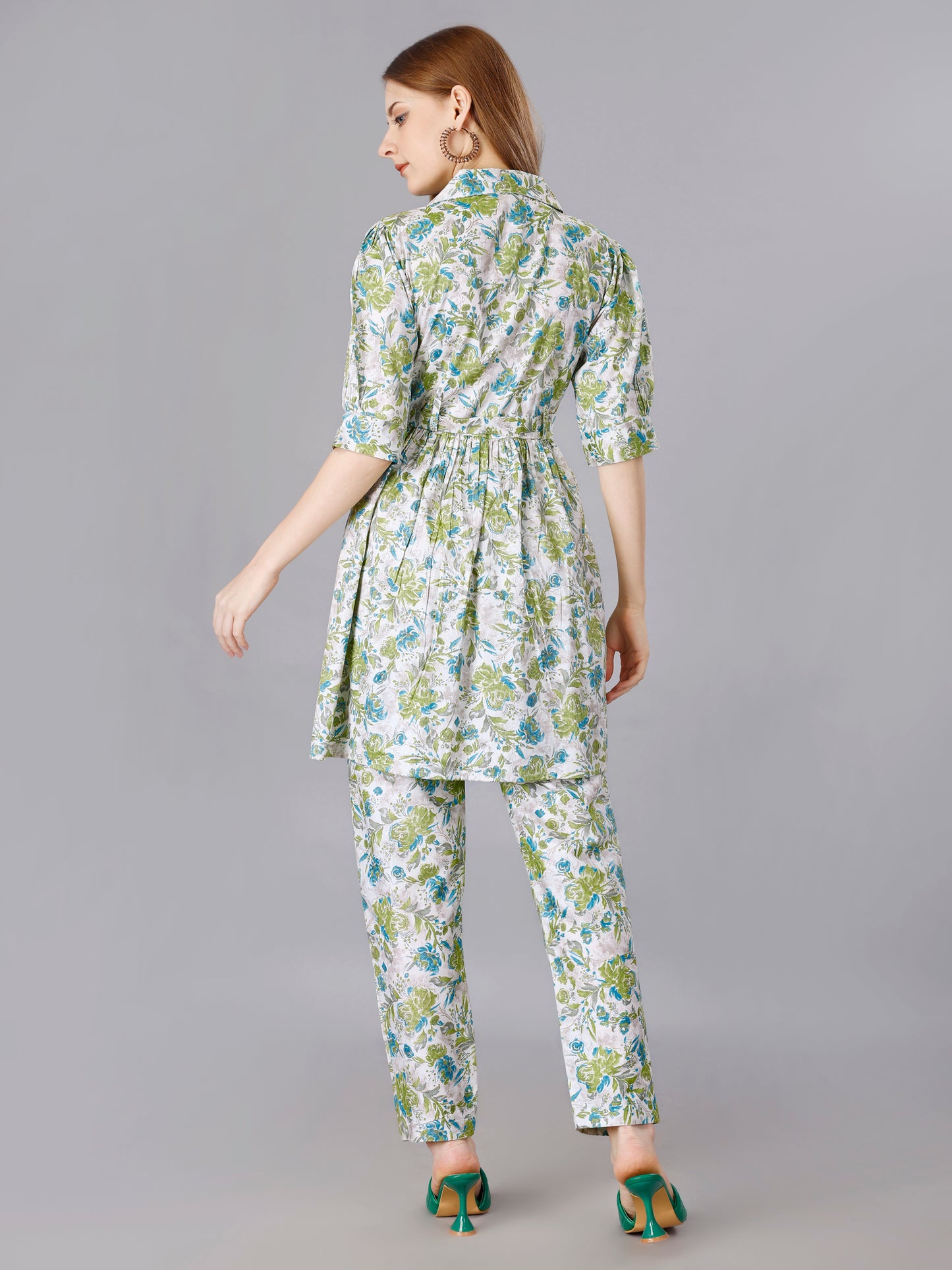 Green Cotton Print Top With Trouser Co-Ord Set