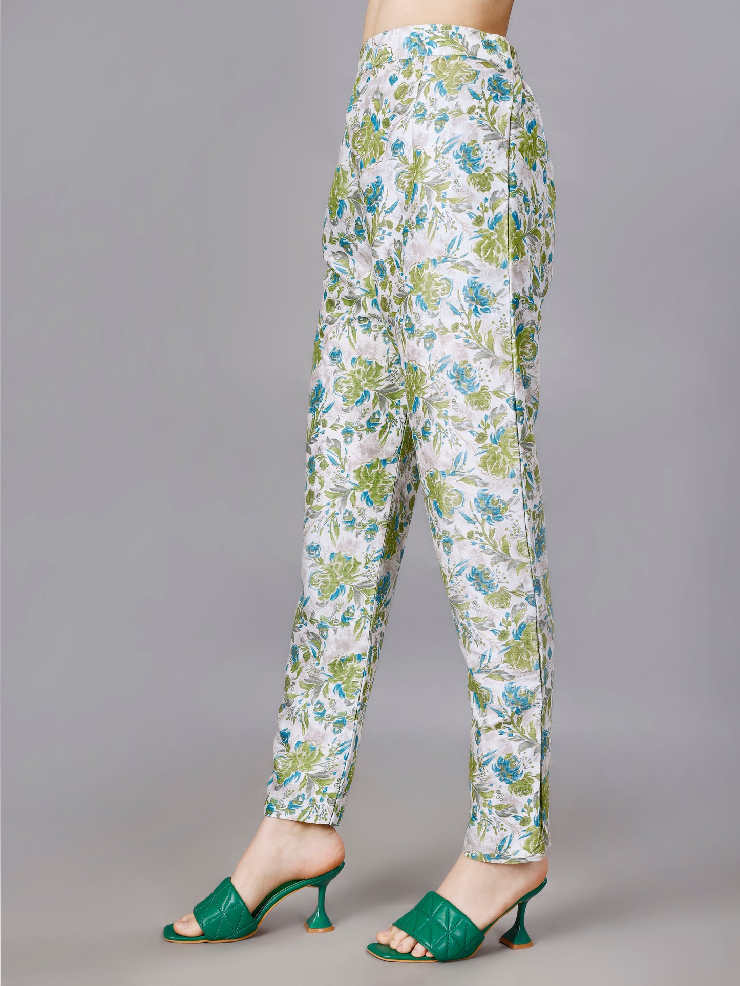 Green Cotton Print Top With Trouser Co-Ord Set