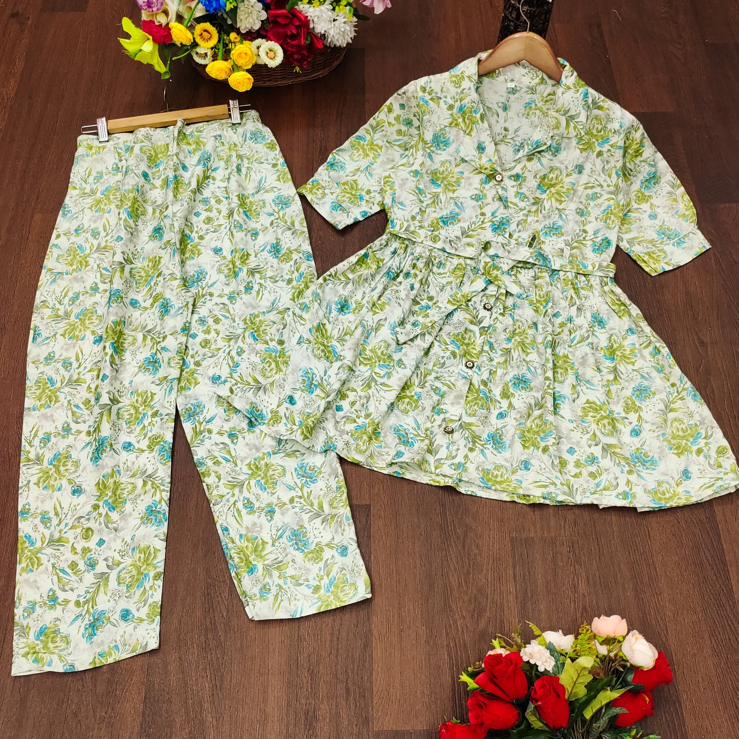 Green Cotton Print Top With Trouser Co-Ord Set