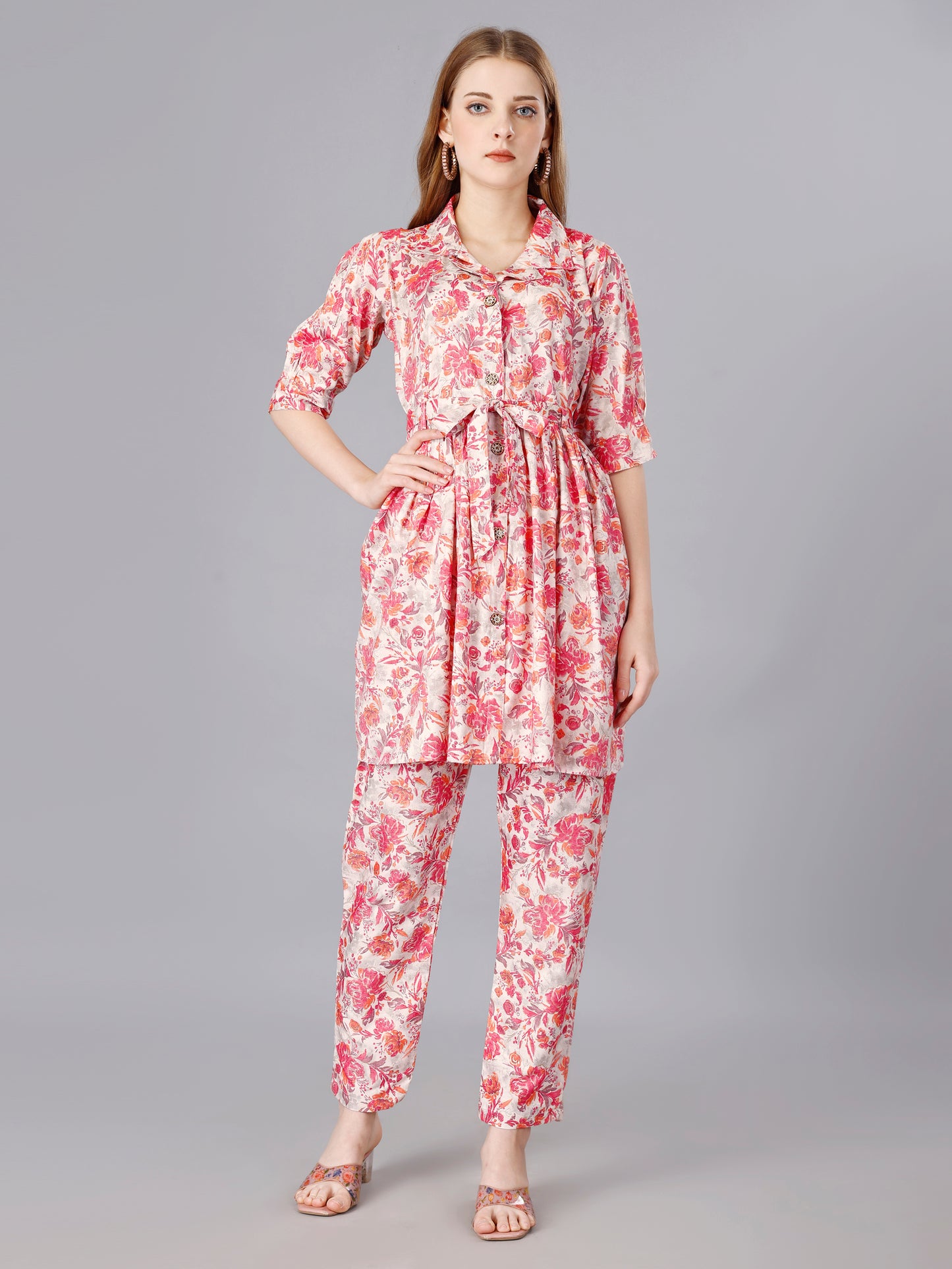 Pink Cotton Print Top With Trouser Co-Ord Set