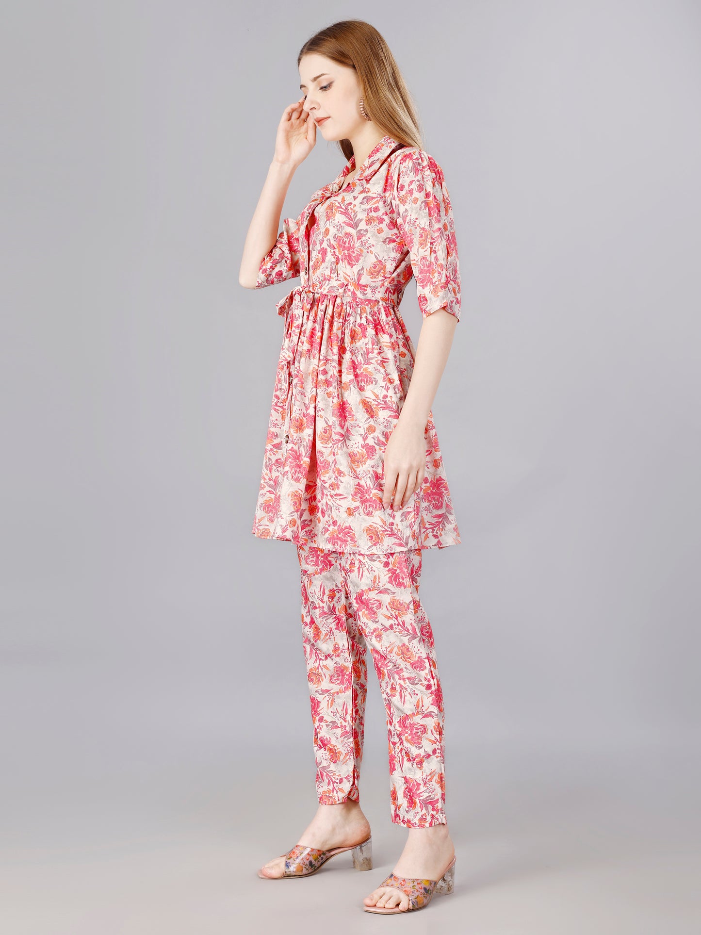 Pink Cotton Print Top With Trouser Co-Ord Set