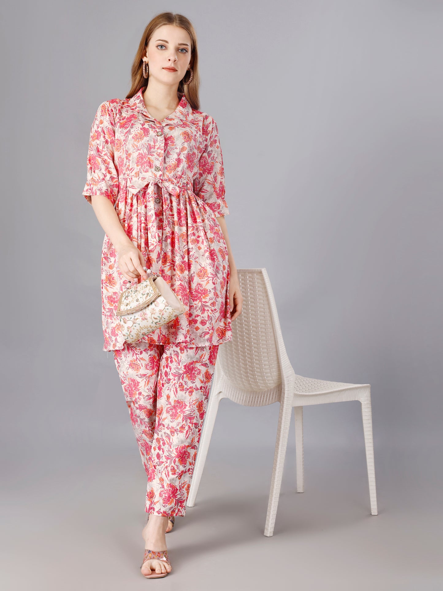 Pink Cotton Print Top With Trouser Co-Ord Set