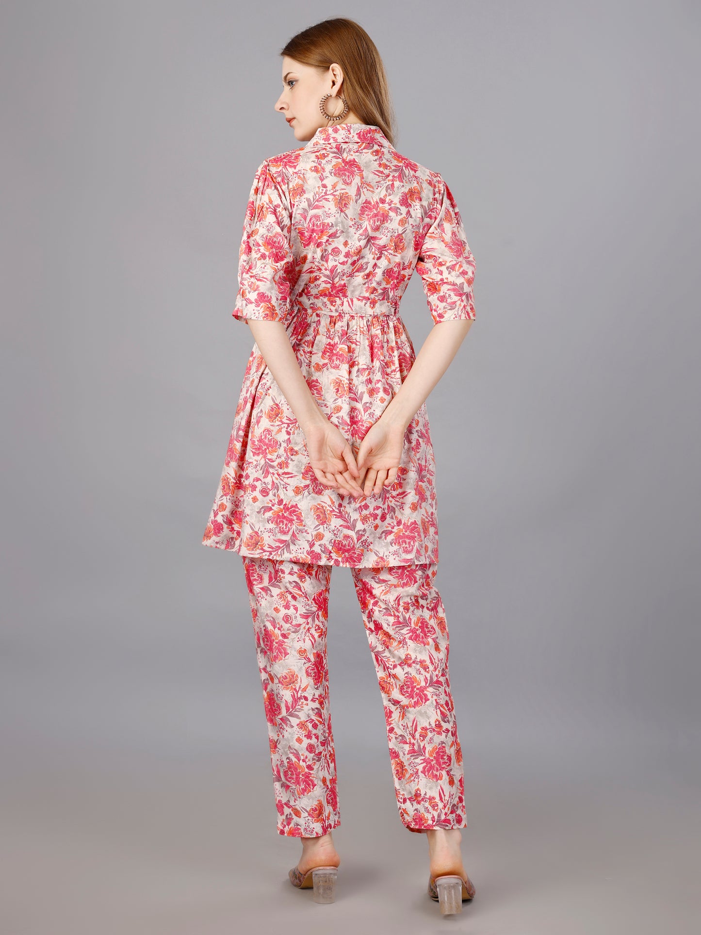 Pink Cotton Print Top With Trouser Co-Ord Set