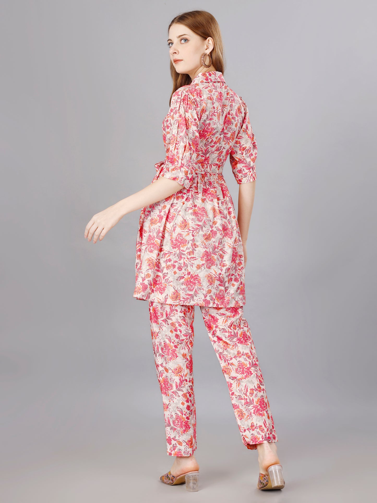 Pink Cotton Print Top With Trouser Co-Ord Set