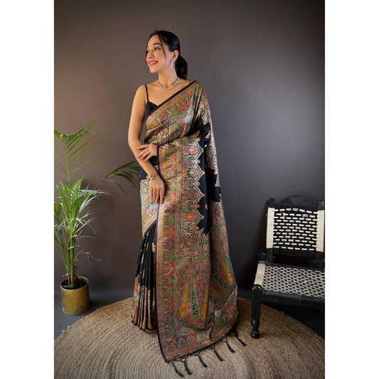 Matt Black Pure Kashmiri Pattern Pallu Woven Silk Saree