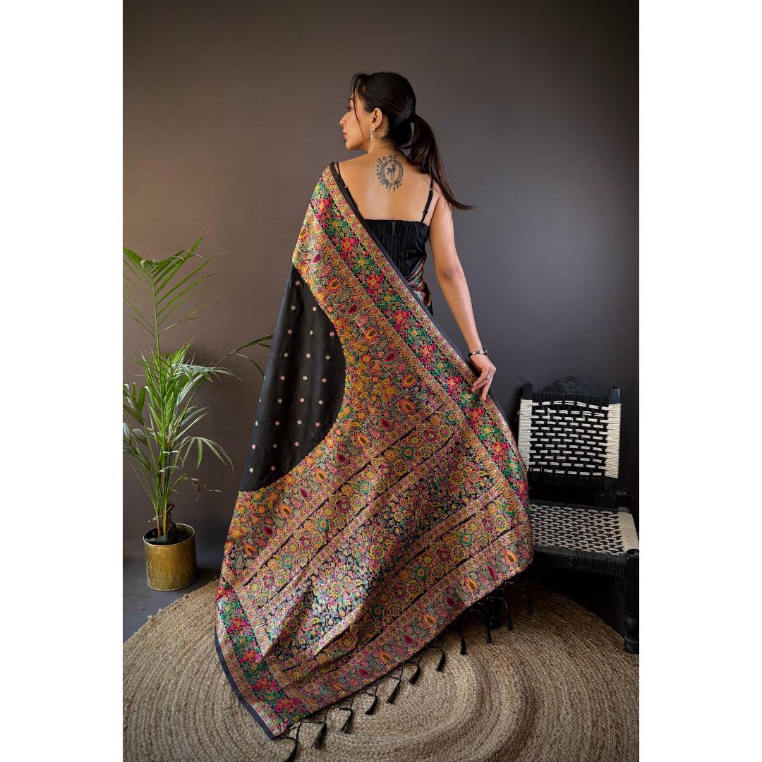 Coal Black Pure Kashmiri Pattern Pallu Woven Silk Saree