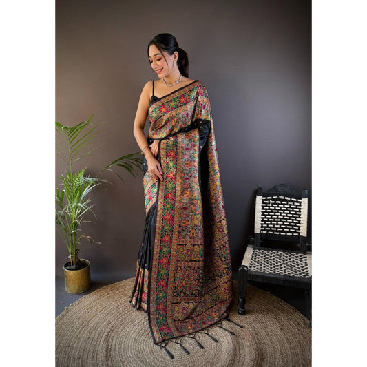 Coal Black Pure Kashmiri Pattern Pallu Woven Silk Saree