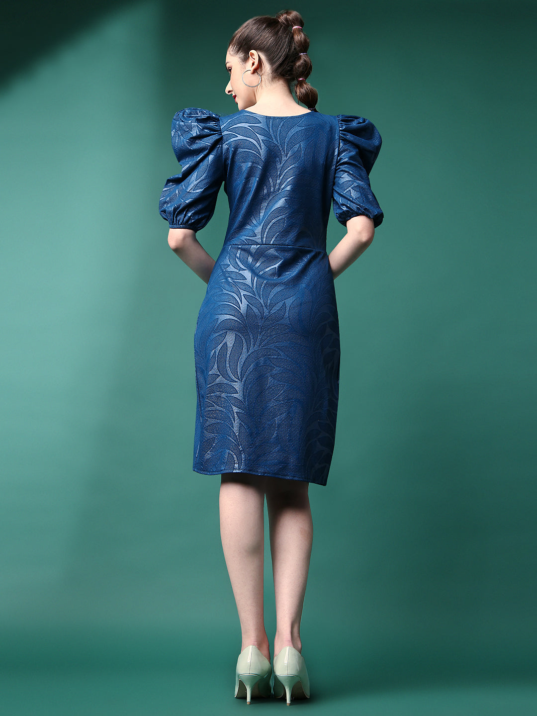 Blue Sheath Dress with Leg-O-Mutton Sleeves