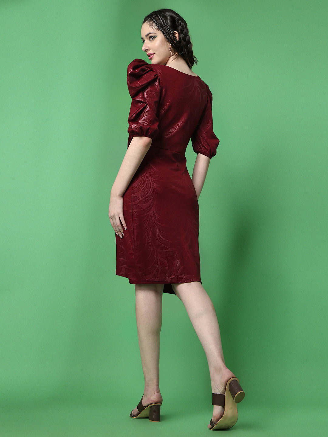 Marron Sheath Dress with Leg-O-Mutton Sleeves