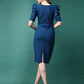 Blue Round-Neck Bodycon Dress with Puff Sleeves