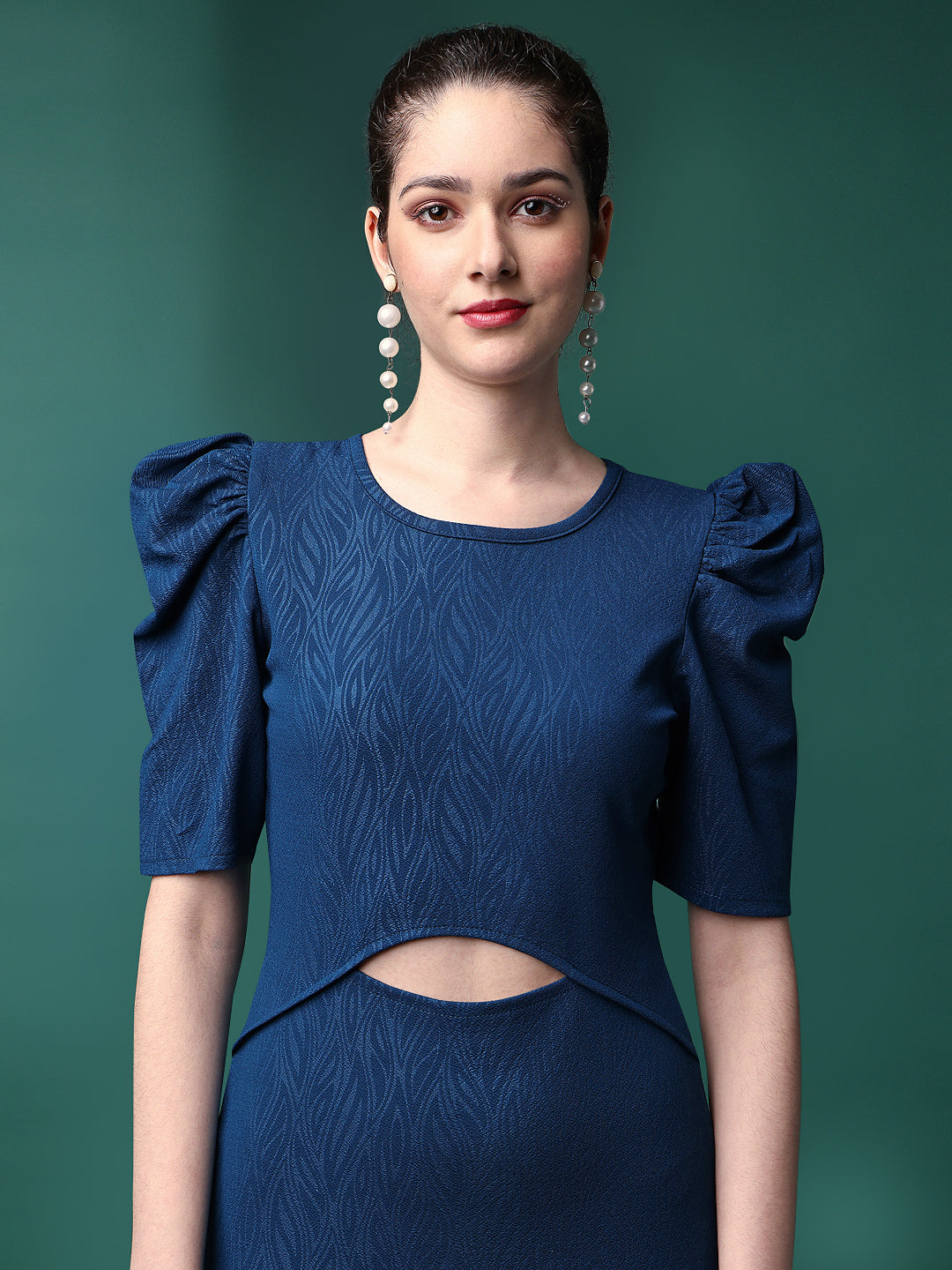 Blue Round-Neck Bodycon Dress with Puff Sleeves