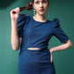 Blue Round-Neck Bodycon Dress with Puff Sleeves