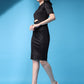 Black Round-Neck Bodycon Dress with Puff Sleeves