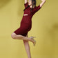 Marron Round-Neck Bodycon Dress with Puff Sleeves
