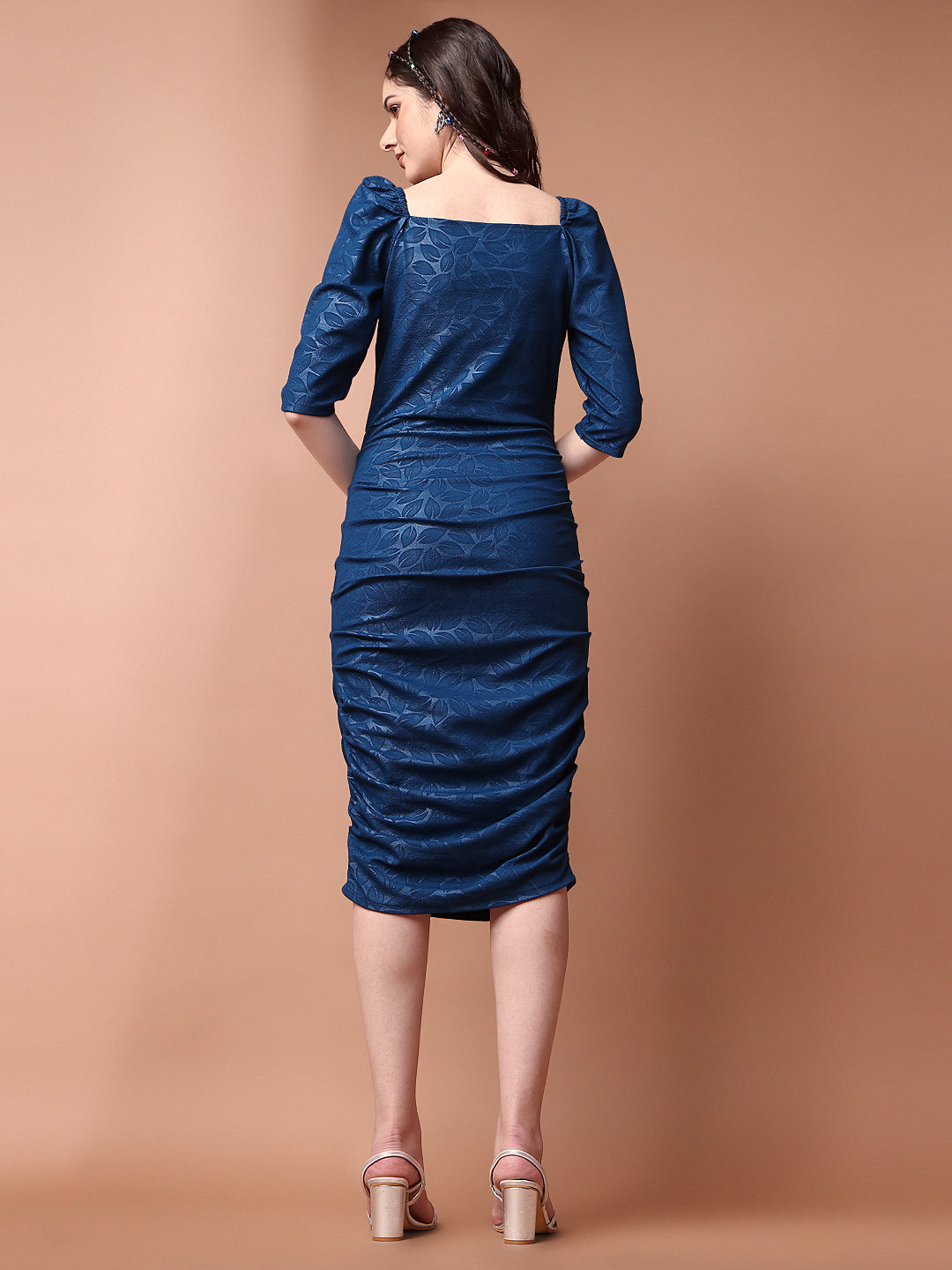 Blue Bodycon Dress with Puff Sleeves