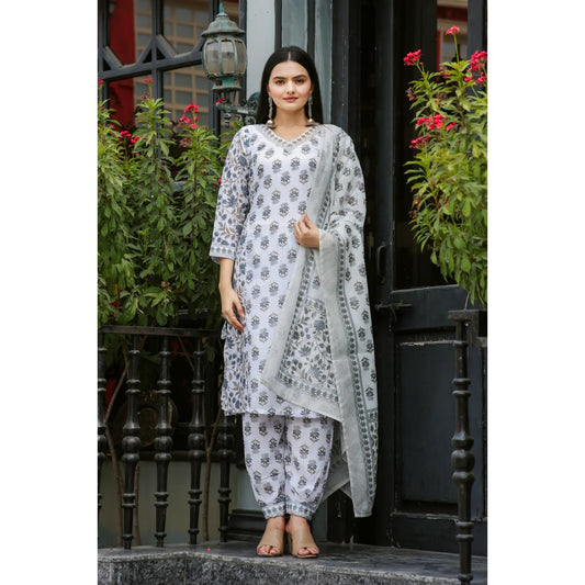 Grey Lace Work Muslin Cotton Kurti Set